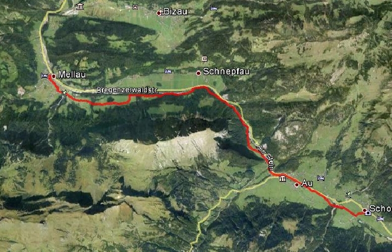 Die Streckenkarte: 13 Km mit Start in Mellau und Ziel in Schoppernau