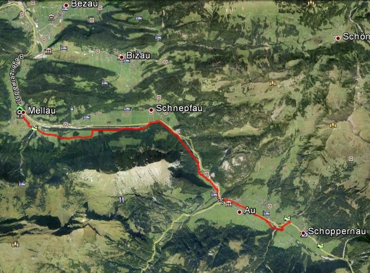 Laufstrecke von Mellau nach Schoppernau, 13 Km.