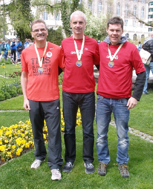 Die drei MILA-unter drei Stunden-Läufer in Zürich, Felix, Andreas und Guido