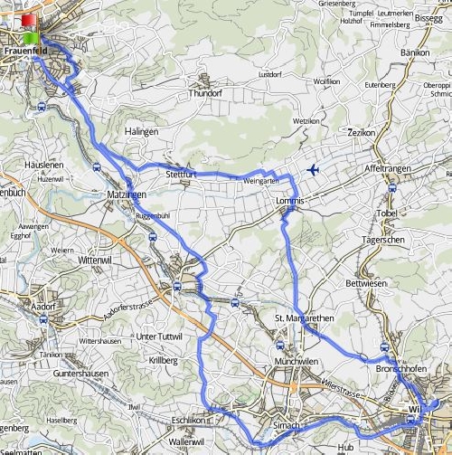 Marathonstrecke von Frauenfeld nach Wil und wieder zurück